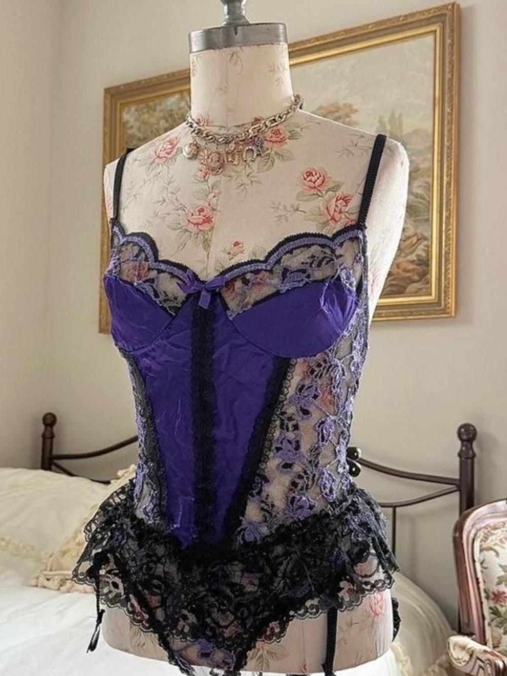 Sheer Purple Lace Corset Teddy with Black Trim